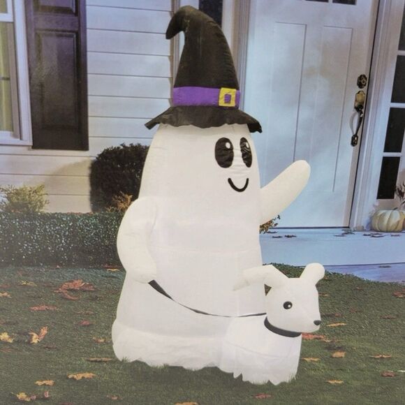Halloween Outdoor Yard Inflatable 5ft Ghost Walking Dog Spooky Witch Hat - Picture 1 of 3